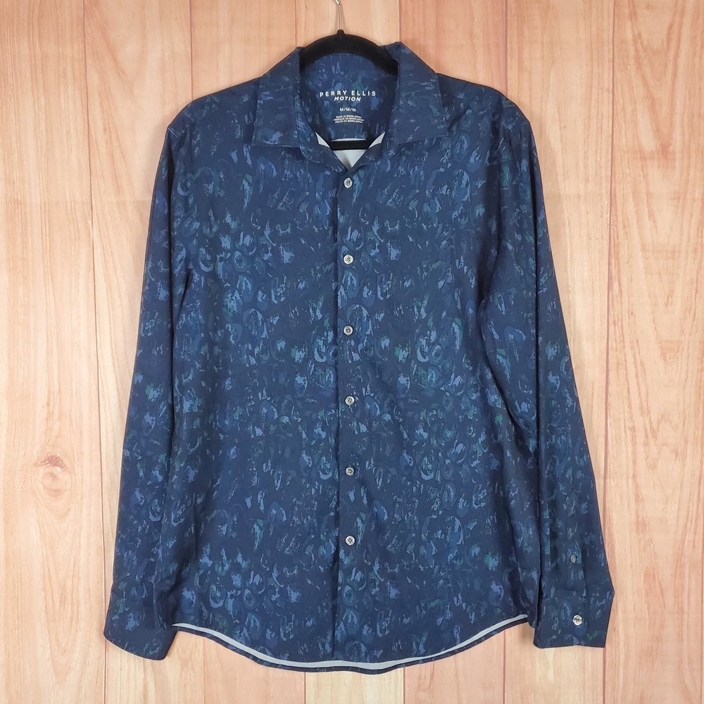 Perry Ellis Motion Shirt Mens Medium Blue Printed Polyester Collared Button-Up